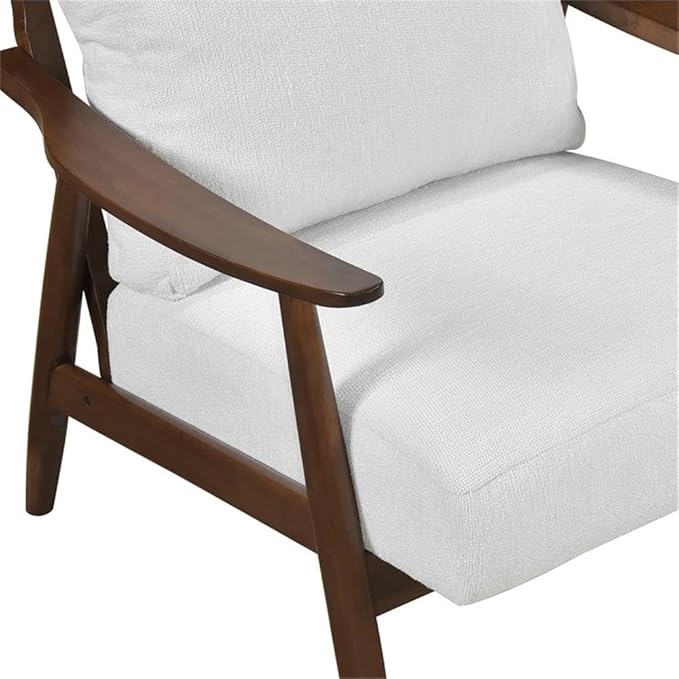 Pemberly Row Mid-Century Textured Fabric Accent Chair Beige Upholstery Rubberwood Frame Foam Padding Reversible Cushions Tapered Legs Versatile Living Room or Bedroom Seating