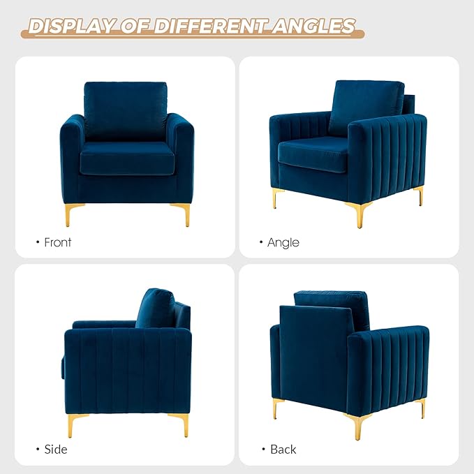 HULALA HOME Velvet Accent Club Chair Modern Velvet Armchair Upholstered Accent Club Sofa Chair with Gold Metal Legs Mid-Century Barrel Leisure Comfy Reading Armchair Navy