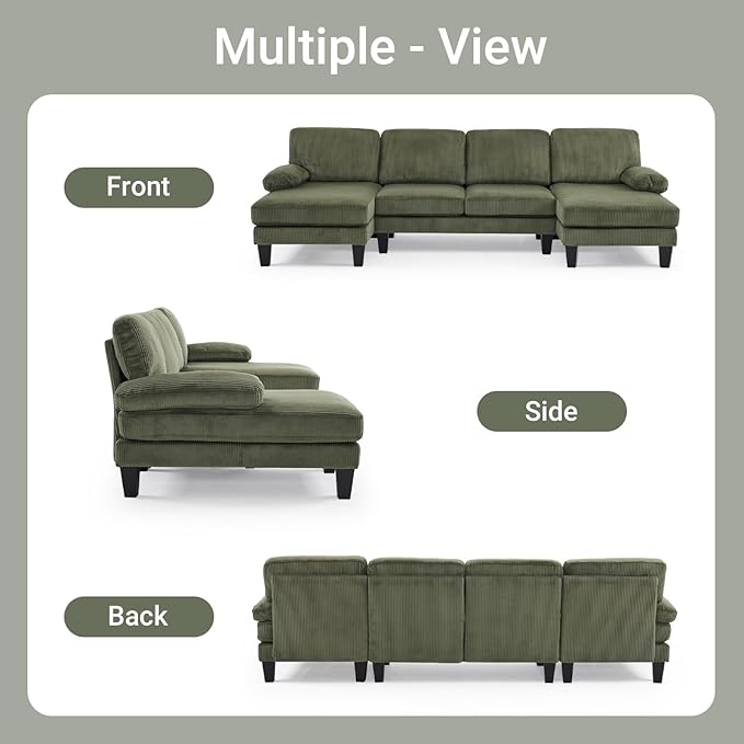 VINGLI 110 Sectional Couches for Living RoomU Shaped Couch with Double Chaise 4-Seat Sofa Set with Corduroy Fabric for Home FurnitureGreen