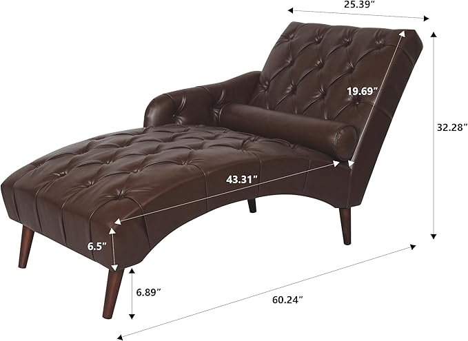 Luxury Indoor Recliner Chair with Pillow &amp Wooden Legs - Tufted Back &amp Arms PU Leather Lounge Chair for Living Room/Bedroom (Dark Brown)