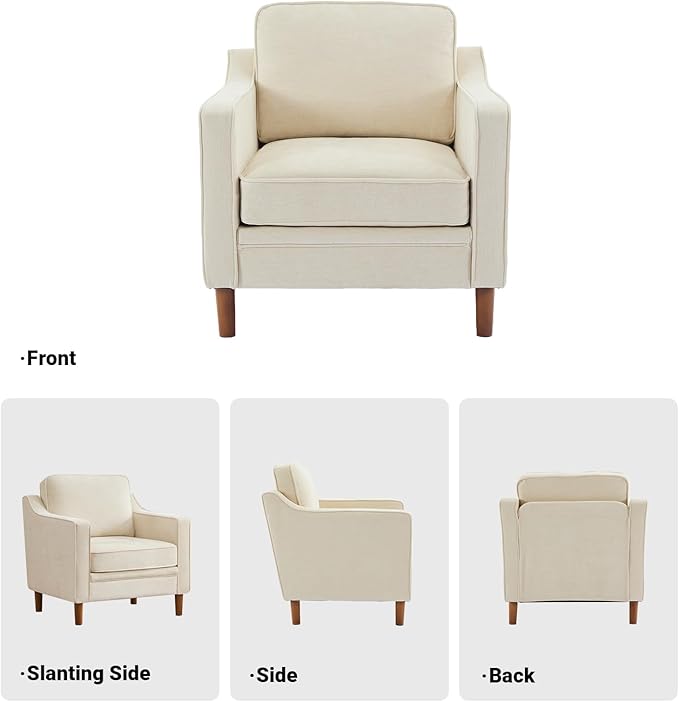 Kingfun Accent Chair Living Room Chairs Mid Century Reading Armchair Chenille with Solid Wood Foot Upholstered Modern Decor for Bedroom Apartment Beige