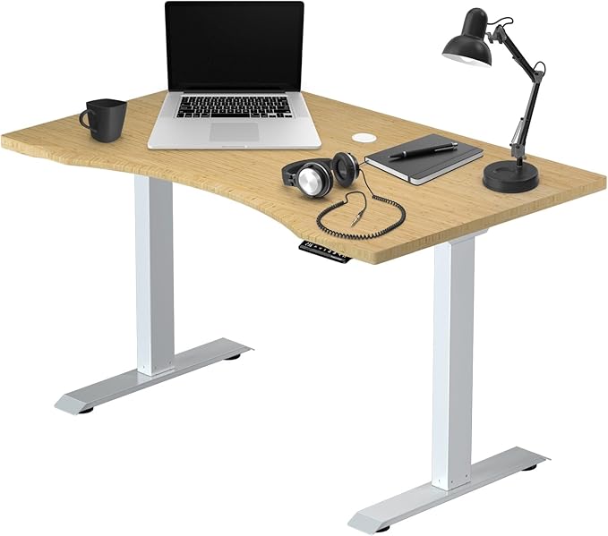Progressive Desk Stand Up Electric Standing Desk Compact Home Office Table White Frame and Light Bamboo Ergo-Cut Tabletop Prime Ryzer 48 x 30