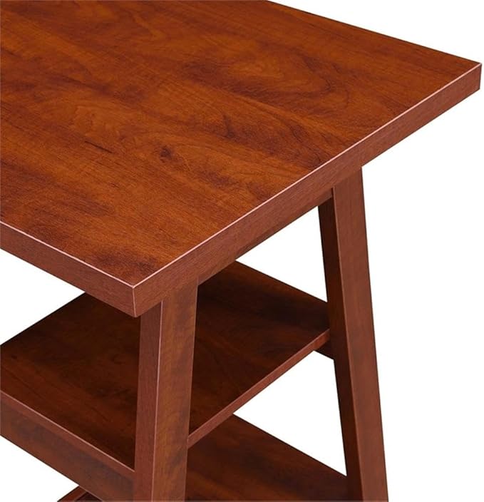 Pemberly Row Modern Double Trestle Desk Warm Cherry Wood Finish Spacious 54 in x 20 in Desktop with 4 Fixed Shelves Particle Board and MDF Home Office Desk for Studying or Working