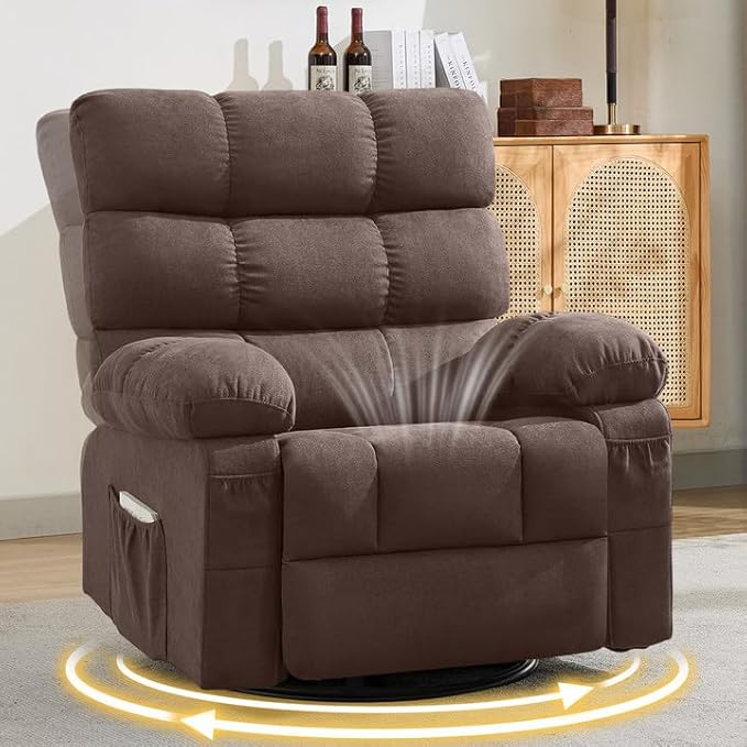 Swivel Rocker Recliner Chair for Adults 360° Upholstered Manual Recliners for Small Spaces Single Seat Glider Reclining Chair with Side Pockets Ergonomic Reading Chair for Living Room RV Bedroom
