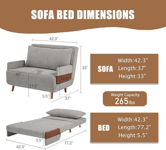 3 in 1 Sleeper Chair Bed Foldable Convertible Chair with Armrest Thickened Cushion and Sponge OTE Fabric Adjustable Backrest Upholstered Accent Sofa for Apartment/Bedroom/Office - Dark Grey