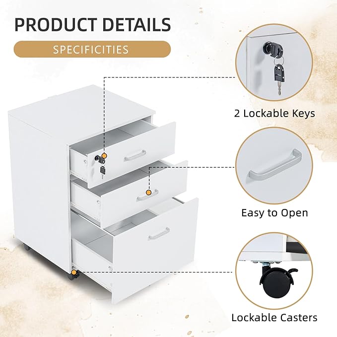QDSSDECO 3 Drawer Mobile File Cabinet Rolling Vertical Filing Cabinet fits A4 Legal Paper and Letter Paper for Home Office White with Lock