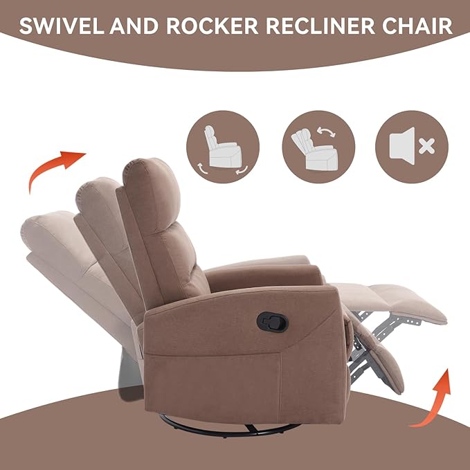 Swivel Rocker Recliner Chair for Adults Rocking Recliner Chair Rocker Nursery Glider ChairRocker Recliners for Small Spaces Manual Recliner Single Sofa for Living Room NurseryRV(Brown)