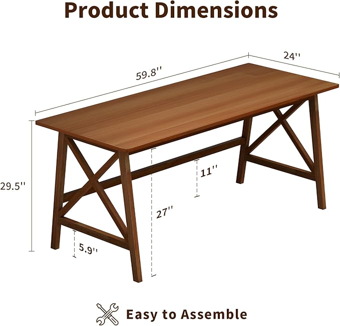 Modern Solid Wood Desk - 60 Simple Computer Table for Home Office Study Writing Workstation in Walnut 60 W x 24 D
