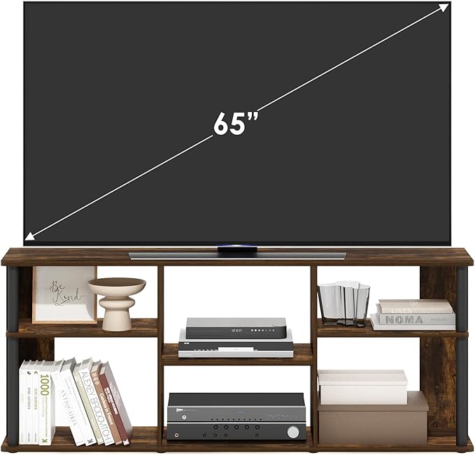 Furinno Classic TV Stand 3-Tier Entertainment Center with Open Shelf Open Back TV Console for TV up to 65 Inch with Plastic Poles for Living Room Bedroom Amber Oak