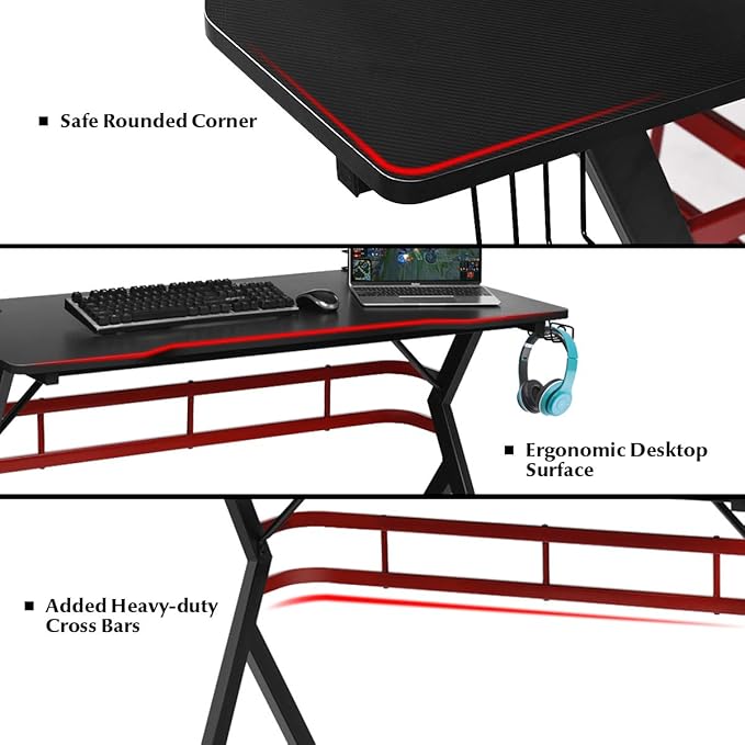 POWERSTONE Gaming Desk - Ergonomic Gaming Computer Desk with Gaming Handle Rack Cup &amp Speaker Holder Monitor Shelf Headphone Hook Curved Front Desktop Writing Workstation for Home Office 47.5”