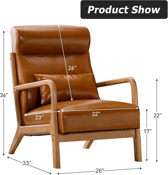 INZOY Mid Century Modern Accent Chair with High Back PU Leather Reading Armchair with Waist Cushion Upholstered Wood Frame Living Room Chairs for Bedroom Sunroom Camel