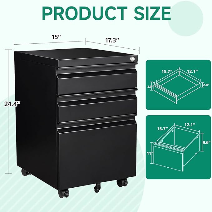 Letaya 3 Drawer Mobile File Cabinet with Lock Under Desk Metal Rolling Filing Cabinets for Home Office Organizer Letters/Legal/A4 (Black- Requires Installation) (Black)