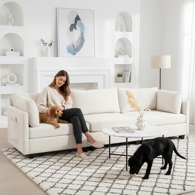111 Sofas for Living Room 3 Seater Couch with 2 Pillows Modern Comfy Chenille Couches with Storage Bag Deep Seat Sofa for Apartment Small Space Beige