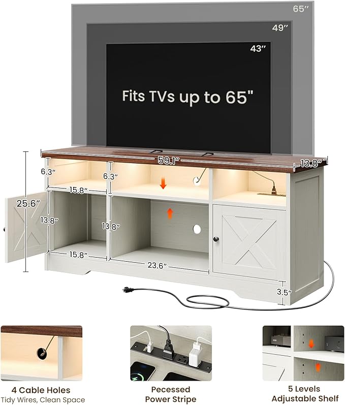 Casaottima TV Stand for 65 Inch TV Farmhouse Entertainment Center with Power Outlet &amp LED Light and Storage Cabinets Console Table and Media Furniture for Living Room Bedroom White