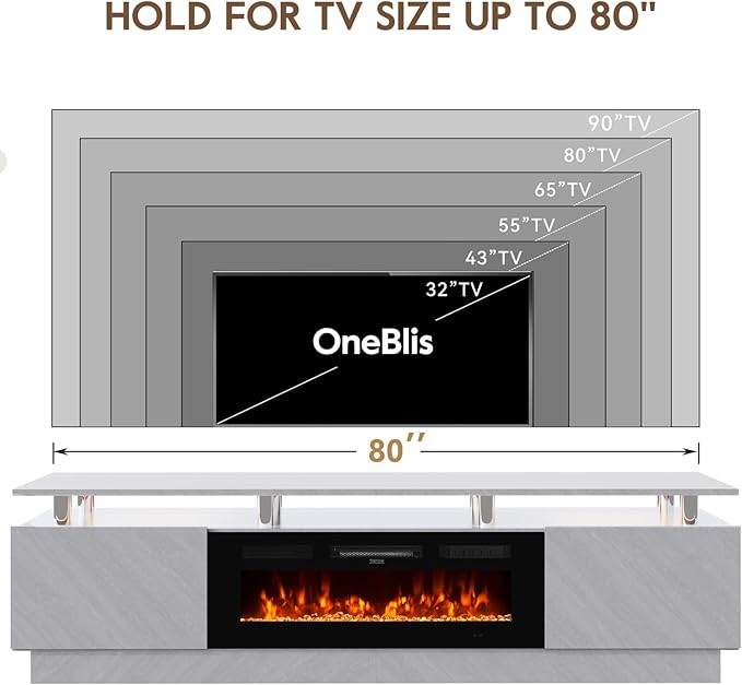 80 TV Stand &amp Entertainment Center Media Console with Storage Cabinet Fits TVs up to 90 Modern Living Room Furniture 36 Electric Fireplace (Grey+Black)