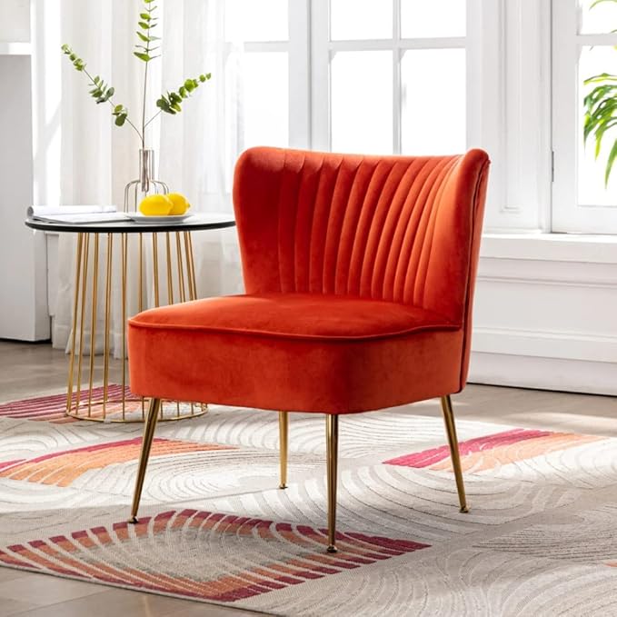 Mid Century Design Lounge Chair Living Room Accent Chair Vertical Channel Tufting Iconic Silhouette |Accent Barrel Side Arm Chair | Wood Frame Flared Gold-Finished Metal LegsOrange Tangerine Color
