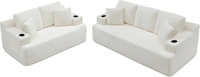 Floor Loveseat Boneless Sofa Couch in a Box with Cup Holder and Side Pockets Corduroy Upholstered 2 Seater Cloud Foam Sofa with Deep Seating for Living Room No Assembly | Breathable material Cuphol