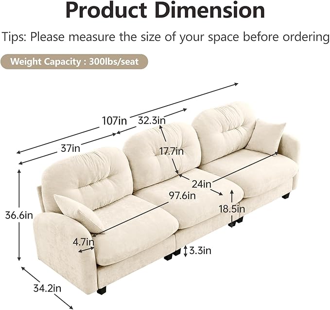 107 Oversized Modular Sectional Sofa Beige Large Sectional Couches for Living Room Chenille Fluffy Sofa Set Cloud 3 Seater Comfy Modular Couches Modern Sofas para Sala