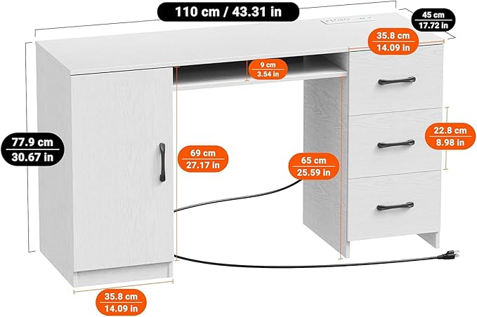 53 Inch Large Computer Desk Office Desk with Power Outlets &amp USB Charging Port Study Writing Table with Three Storage Drawers and one wooden Door Laptop PC Desk for Bedroom Study Room Office