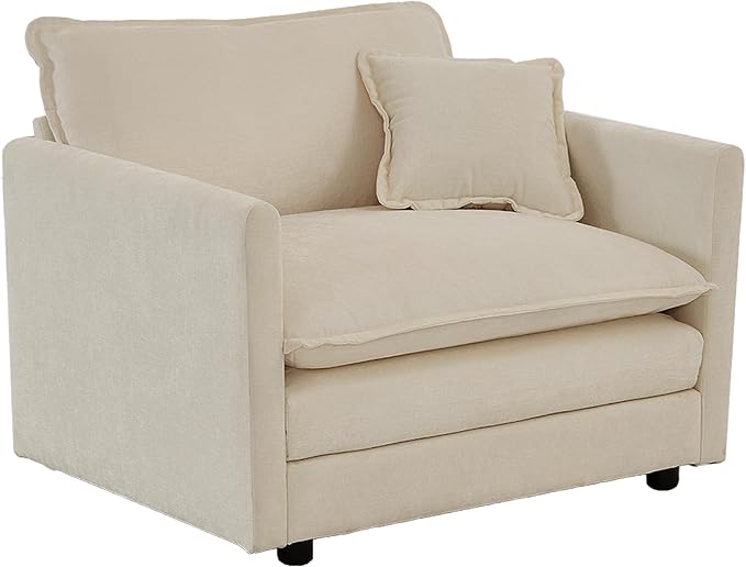 Modern Accent Chair Wide Accent Armchair with Ottoman Upholstered Single Club Chair for Living Room (Chenille Fabric in Beige 1 Seat and 1 Ottoman)