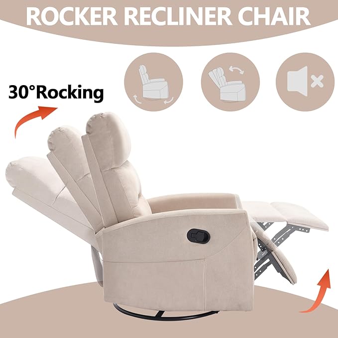 Slim Lazy Boy Recliners for for Adults Swivel Rocking Chair Recliner with High Back Small Recliner Chair for Small Spaces Manual Reclining Chair for Living Room Adjustable Footrest (Beige)