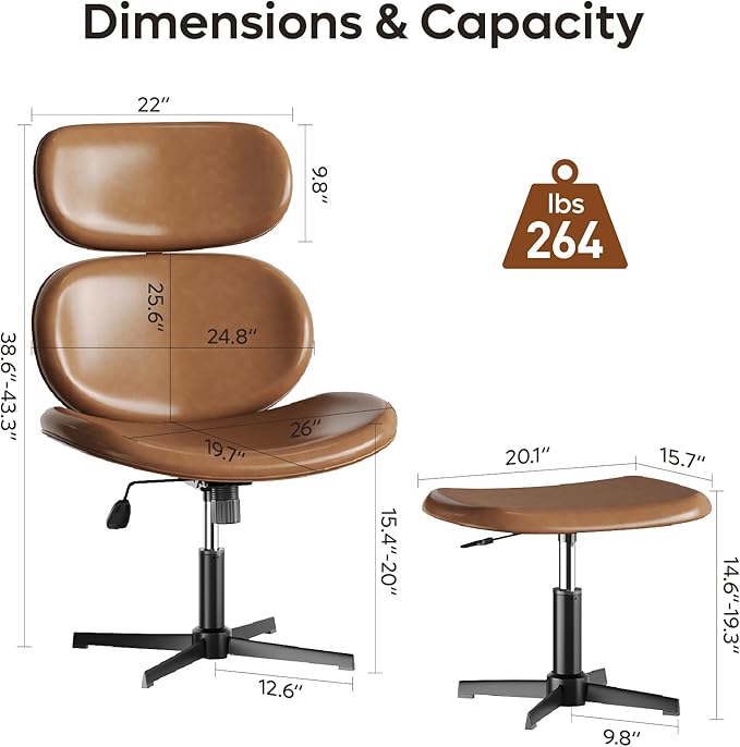 Bestier Swivel Modern Chair with Ottoman No Wheels PU Criss Cross Reading Chair with Extended Headrest &amp Adjustable Seat Modern Armless Ergonomic Chair for Living Room Brown