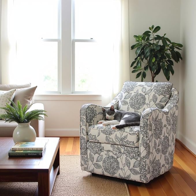 Floral Swivel Accent Chair Oversized Wide Armchair with Upholstered Seat Solid Wood Frame 360° Rotation for a Living Room