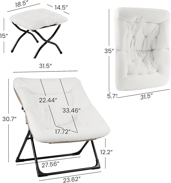 Comfy Saucer Chair for Adults Soft Faux Fur Bedroom Chair with Ottoman Accent Dorm Chairs Living Room Reading Chairs and Footstool Folding Seat for Teens X-Large White
