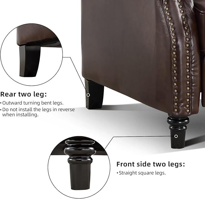 CANMOV Push Back Recliner Chair Genuine Leather Pushback Reclining Chair with Padded Seat Wingback Recliner with Rivet Decoration Single Sofa Recliner for Living Room Apartment Dark Brown