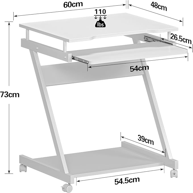 Need Rolling Computer Desk Mobile Desk Laptop Stand Desk with Sliding Keyboard for Home Office23.6 Inches White DX-8110WT-ND