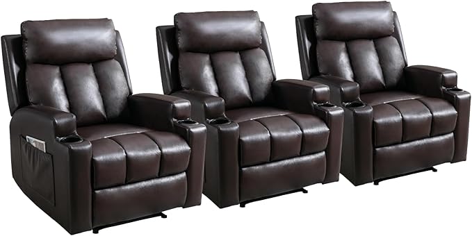 3PCS Faux Leather Manual Recliner Chair for Adults Comfy Reclining Chairs with Overstuffed Arm and Back Single Sofa for Living Room (3 Brown)
