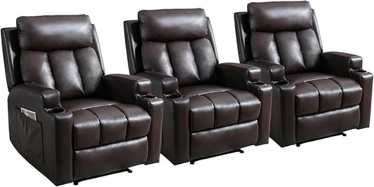 3PCS Faux Leather Manual Recliner Chair for Adults Comfy Reclining Chairs with Overstuffed Arm and Back Single Sofa for Living Room (3 Brown)