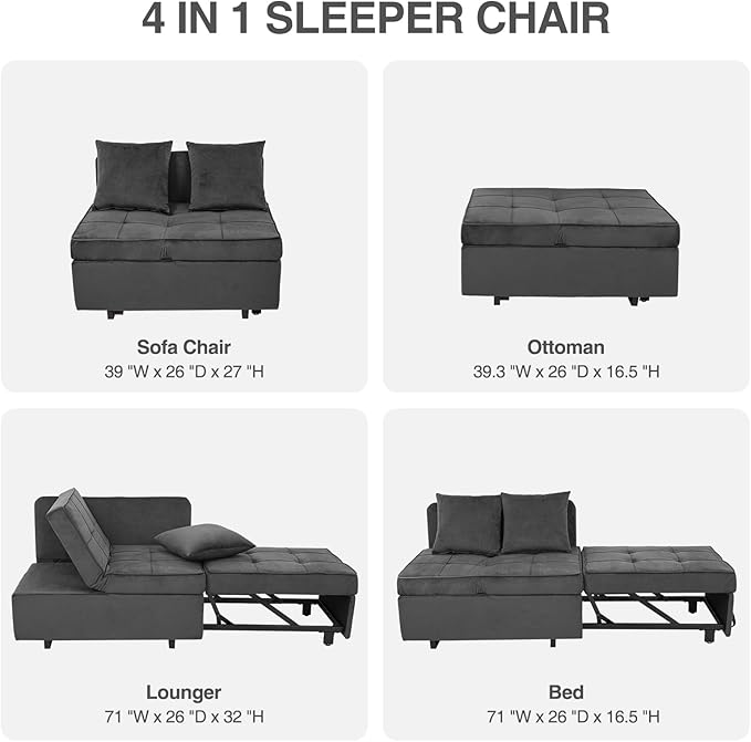 Sofa Bed 4-in-1 Convertible pull out Couch Velvet Love seat Couch Sleeper Chair Bed with 2 Throw Pillow Single Recliner with 5 Adjustable Backrests for Living Room Apartment Small Space Dark Grey