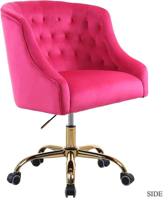 Velvet Home Office Chair with Gold Base Comfortable Modern Cute Desk Chair Adjustable Swivel Task Chair for Living Room Bedroom Vanity Study Fushia