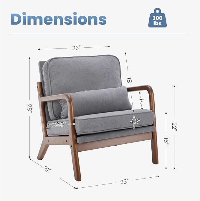 DUMOS Mid Century Modern Chair Set of 2 Accent Chair with Arms and Waist Cushion Reading Chairs for Adults Lounge Chair for Living Room and Bedroom Solid Wooden Frame Grey