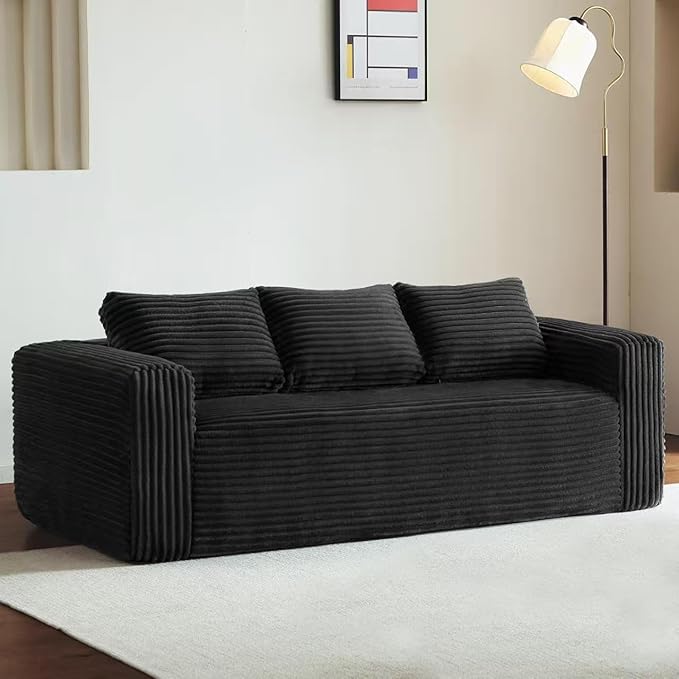 Cloud Sofa Couch in a Box Small Boneless Couch for Living Room Compressed Cloud Boneless Sofa with Memory Foam Modern Corduroy Loveseat 3 Seater Black