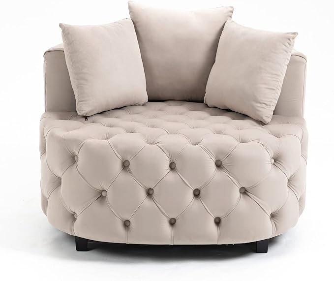 Round Accent Chair 40” Modern Velvet Sofa Chair with 3 Pillows Comfy Upholstered Tufted Club Lounge Chair for Living Room BedroomKhaki