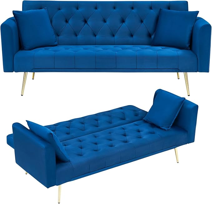 71Convertible Futon Sofa Bed - Modern Velvet Sleeper Couch with Adjustable Backrest Tufted Recliner with Golden Chrome Legs &amp 2 Pillows Perfect for Small Spaces Living Room &amp Apartment (Bl