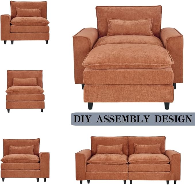 U Shaped Modular Cloud Couch Convertible Sectional Couches Sofa with 2 Ottoman 3 Seater Modular Sectional Deep Seat Sofa for Living Room Apartment Orange Brown
