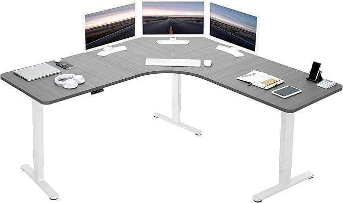 VIVO Electric Height Adjustable 71 x 71 inch Curved Corner Stand Up Desk Dark Gray Table Top White Frame Memory Controller L-Shaped Workstation E3C Series DESK-KIT-E3CWG