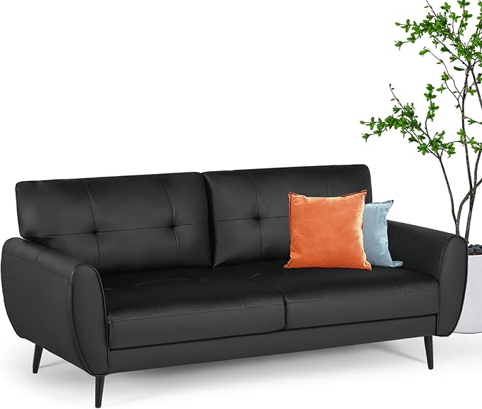60 Loveseat Sofa for Living Room Mid Century Mini Black Couch Tufted Leather Love Seat Furniture Comfy Office 2 Seat Small Couches for Small Spaces Bedroom Apartment