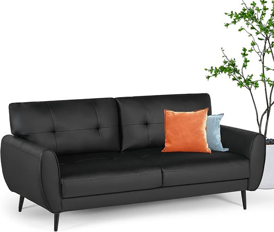60 Loveseat Sofa for Living Room Mid Century Mini Black Couch Tufted Leather Love Seat Furniture Comfy Office 2 Seat Small Couches for Small Spaces Bedroom Apartment