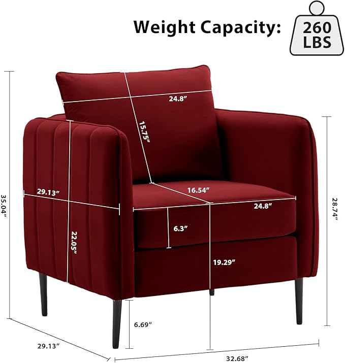 Accent Chair for Living Room ChairsVelvet Modern Upholstered Chairs Living RoomCozy ArmchairBarrel Chair (1 Wine Red)