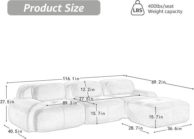 116 Modern Boneless Couches for Living Room Corduroy Cloud Couch Sectional Grey Modular Sectional Sofa 3 Seater with 1 Ottoman Sofas para Sala L Shape Sofas &amp Couches (Gray 3+1 Set)