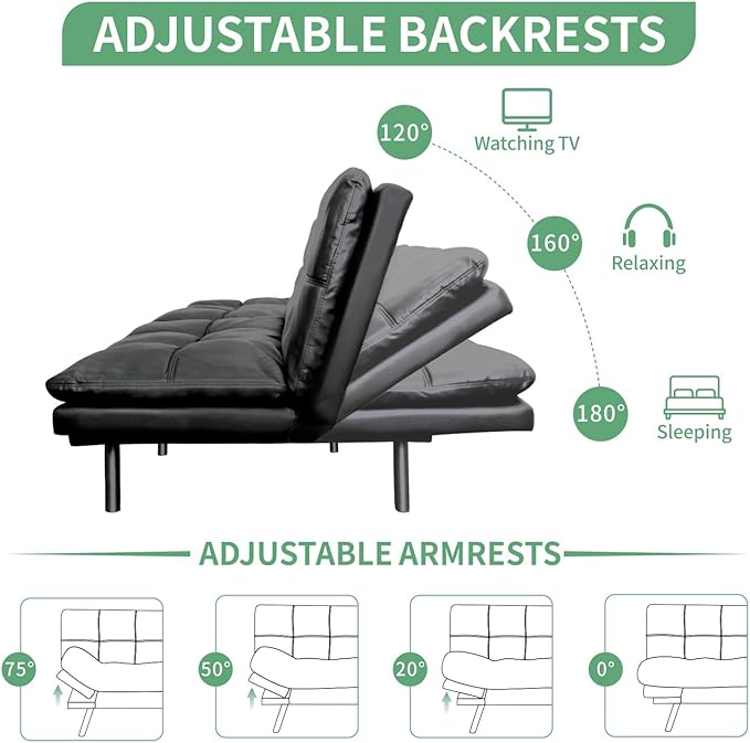 MUUEGM 71 Futon Sofa Bed Convertible Couch Filled with Memory Foam Modern Loveseat with Adjustable Backrest&ampArmrest Sofas for Living RoomGame RoomDormitoryOffice.Matte Black Leather