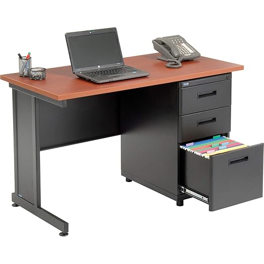 Global Industrial 48 W x 24 D x 30 H Office Pedestal Desk with 3 Drawers Faux-Wood Laminate Cherry Desktop Black Steel Frame 2 Box Drawers &amp 1 File Drawer