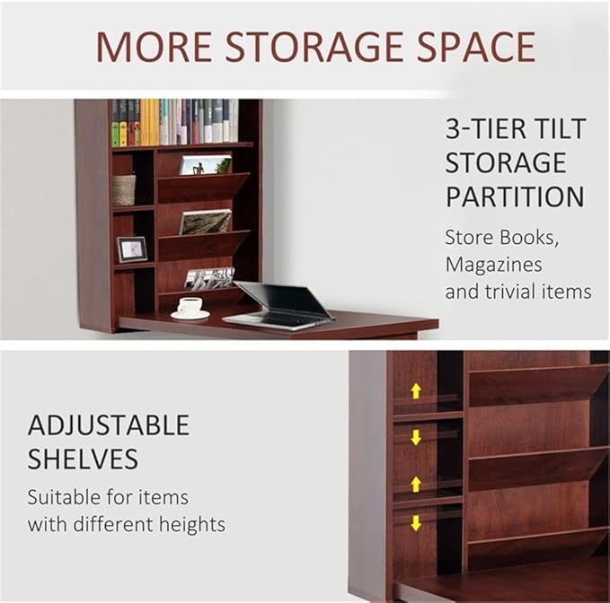 Pemberly Row Wall-Mounted Folding Desk Brown Wooden Finish Compact Space-Saving Design with Storage Shelves Adjustable Compartments Ideal for Home Office Study Room Kitchen or Crafting Station