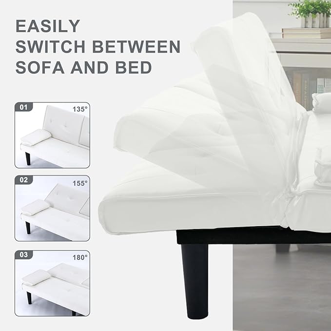 Futon Sofa Bed PU Leather Modern Convertible Futon Couch with Removable Armrests Cup Holders Loveseat Sleeper Sofa Bed for Living Room Apartment Small Spaces (White)