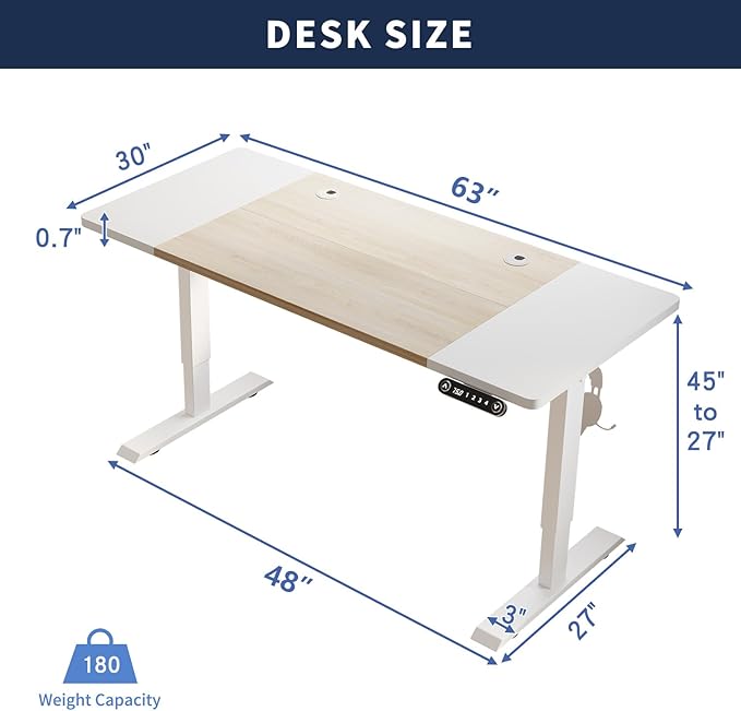 63 Inch Electric Standing Desk Height Adjustable Sit Stand Desk with Memory Control and Spacious Desktop for Home Office