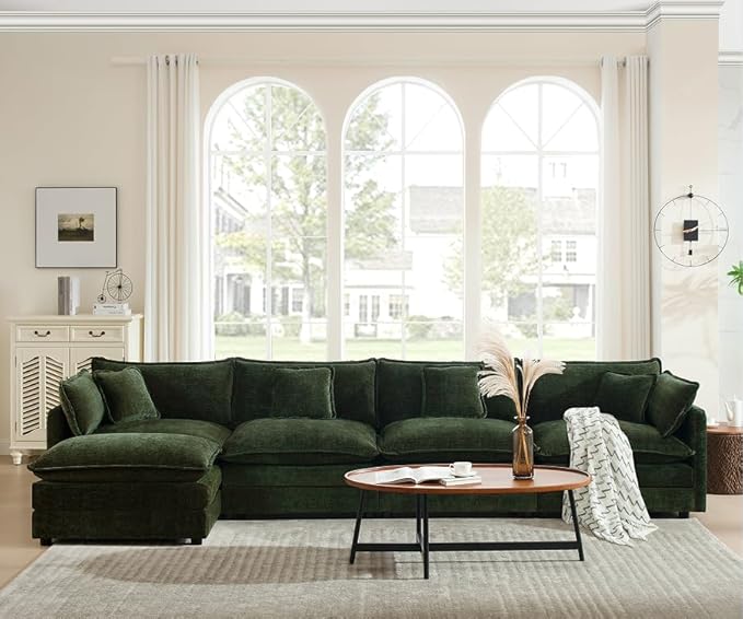 146.5 Chenille Modular Sectional Sofa Comfy Cloud Couch Sectional Sofa Modern 4 Seat Deep Seat Couch for Living Room Bedroom Apartment (Green 146.5Inch-U Shape)